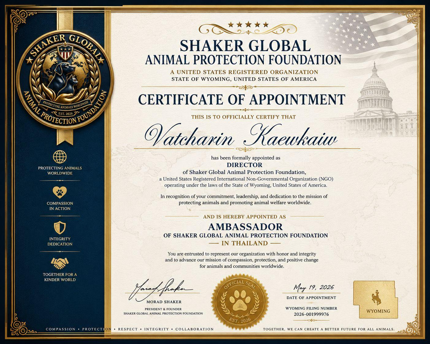 Official Certificate of Appointment for Thailand Honorary Director and Ambassador of Shaker Global Animal Protection Foundation