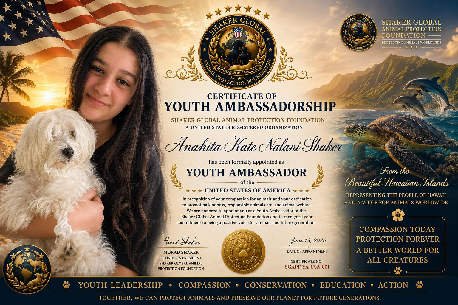 Shaker Global Animal Protection Foundation Appoints Anahita Kate Nalani Shaker as U.S. Youth Ambassador