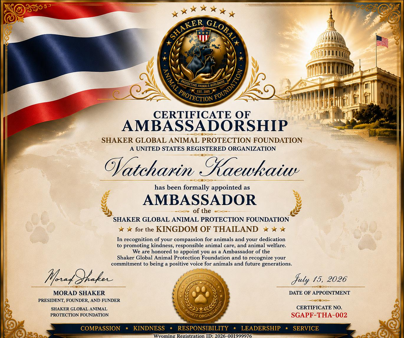 Shaker Global Animal Protection Foundation Appoints Vatcharin Kaewkaiw as Ambassador for the Kingdom of Thailand