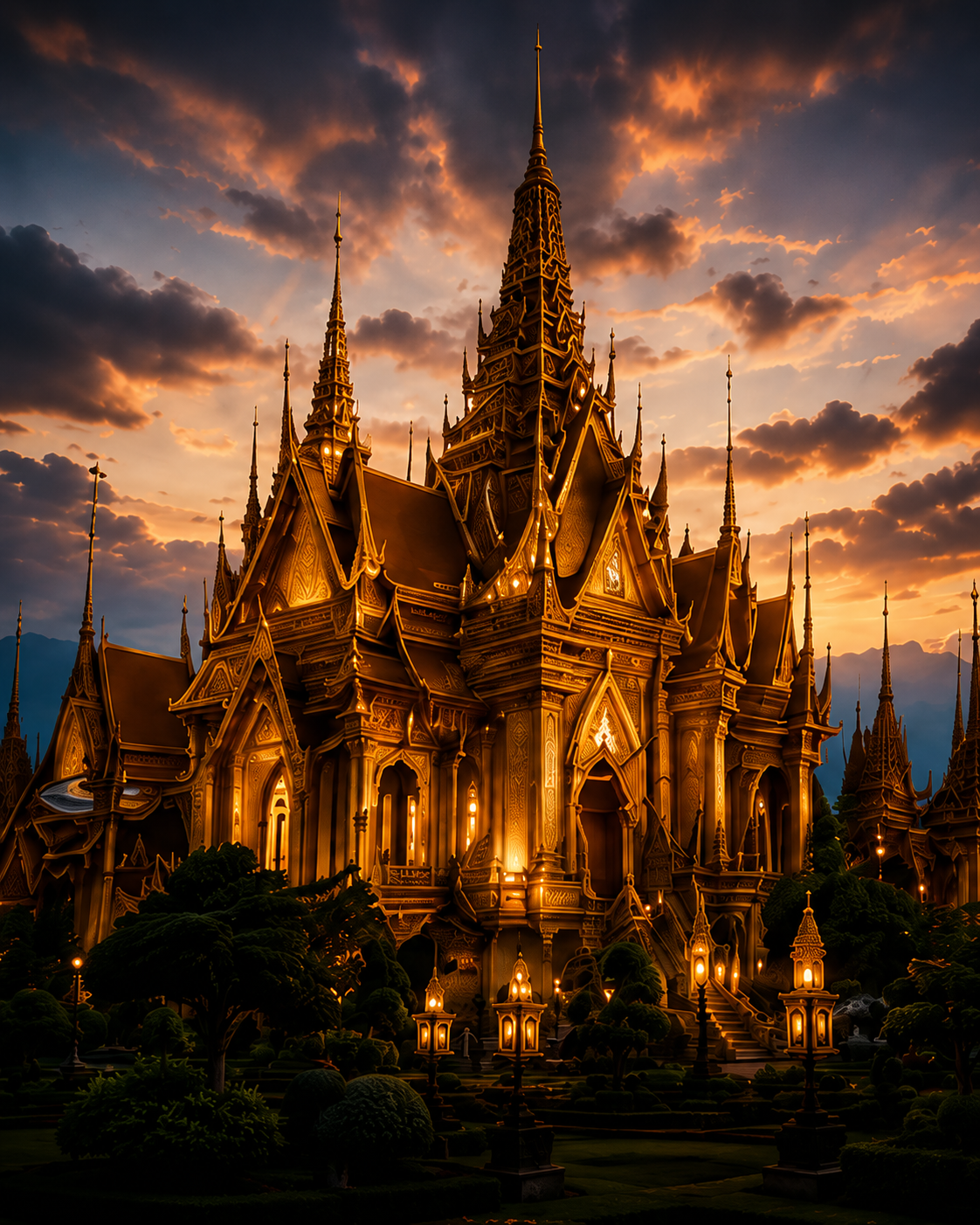 Golden Thai temple at sunset