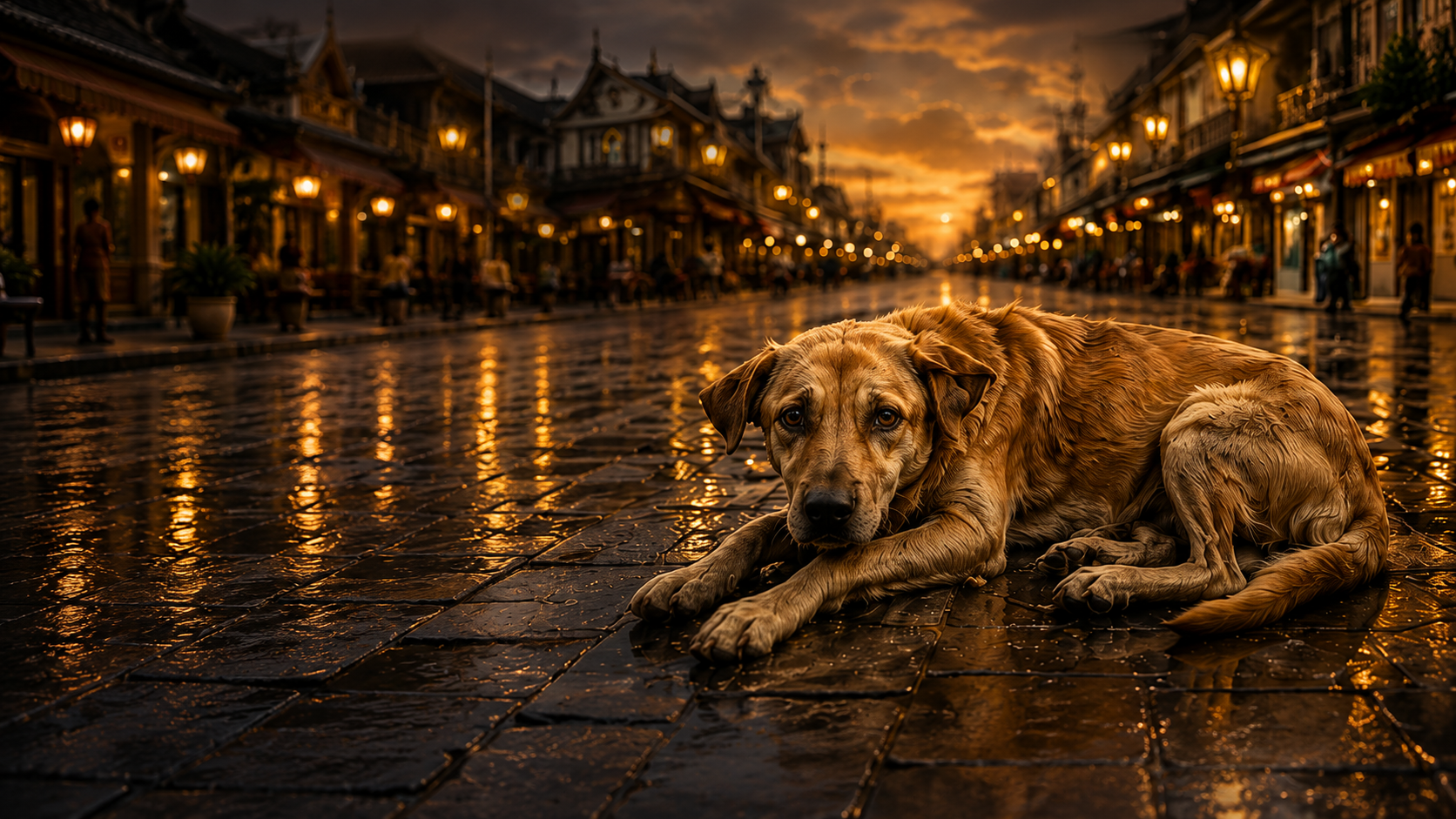 Stray dog resting on a golden evening street in Thailand