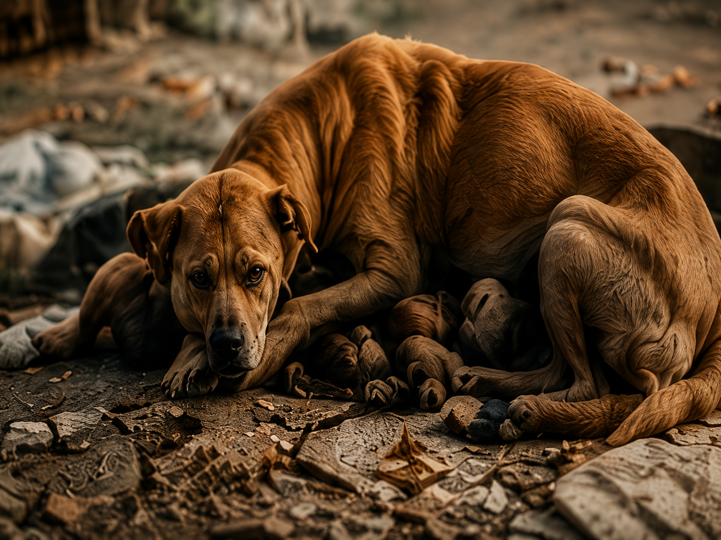 Street dog protecting puppies