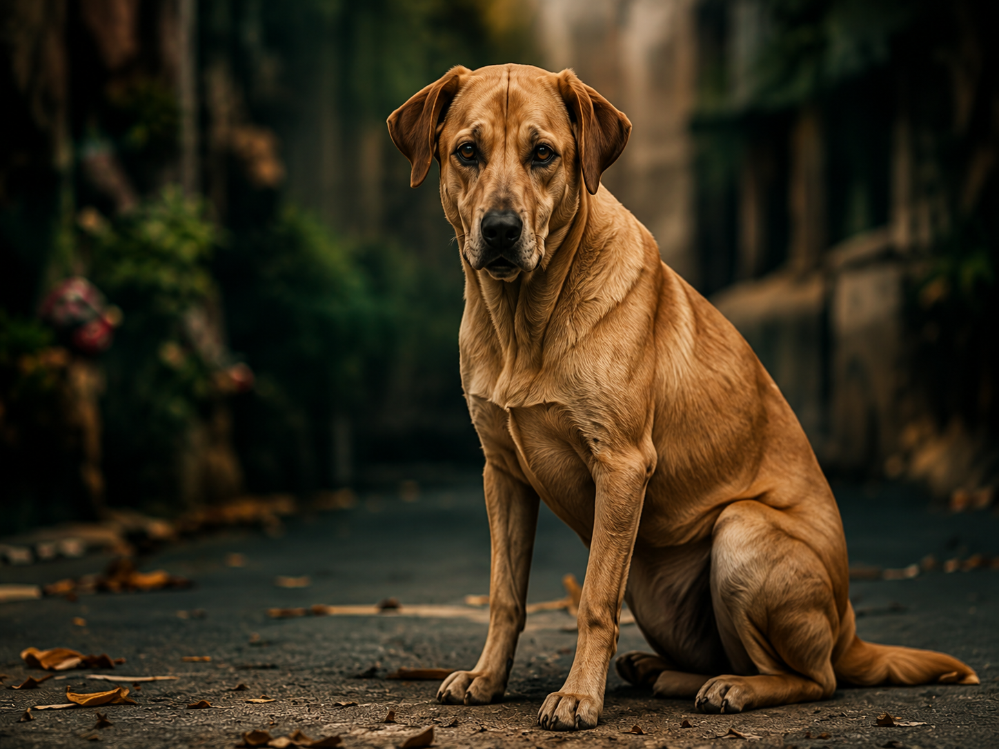 Street dog sitting in a quiet lane
