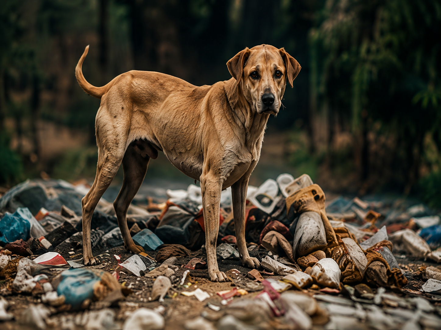 Street dog standing near discarded waste