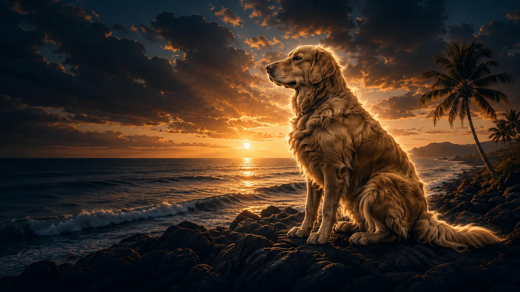 Ocean sunset with golden retriever