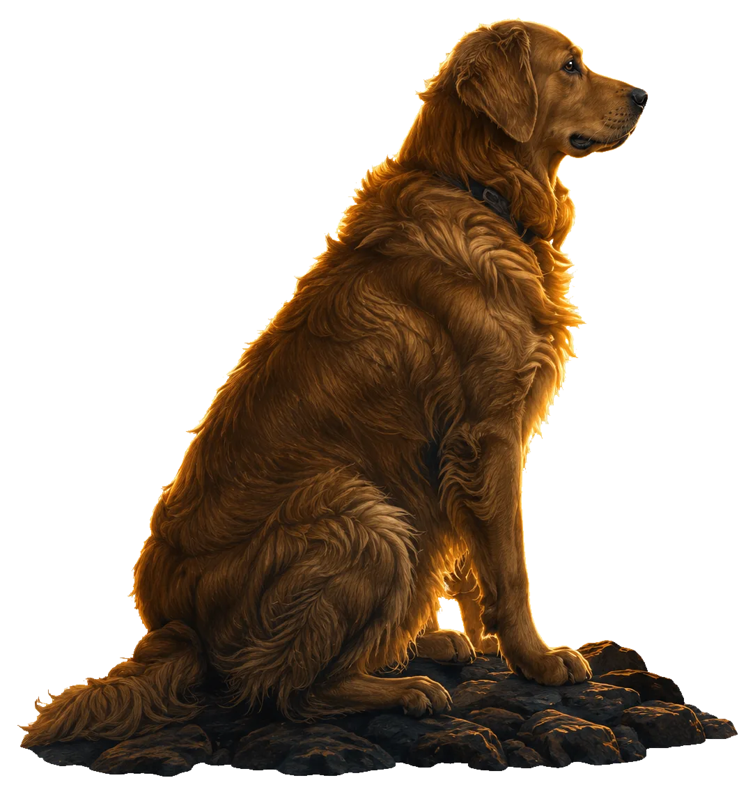 Golden retriever by sunset shore